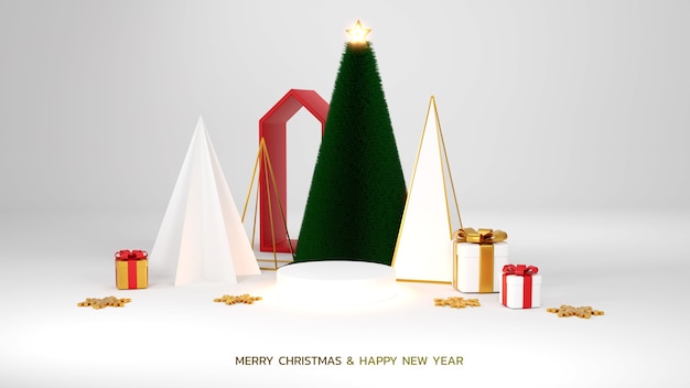 Frohe weihnachten und ein gutes neues jahr. abstraktes minimalistisches design, geometrische weihnachtsbäume, geschenkbox, leere runde realistische bühne, podium. winterurlaub hintergrund. website-header oder banner