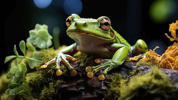 Frosch auf einem Ast mit Moos und Blumen im Hintergrund