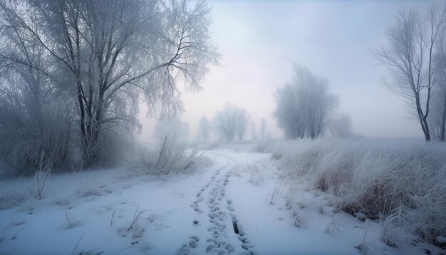 Frostiger Baumzweig, der in der von KI erzeugten Wintereinsamkeit eingefroren ist