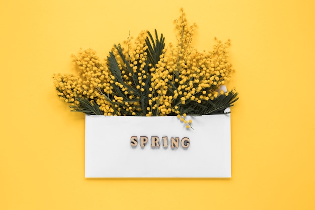 Frühlingsaufschrift auf Umschlag mit Blumenniederlassungen