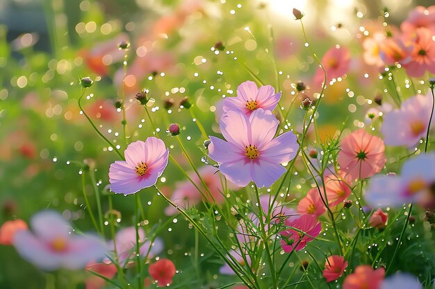 Frühlingsblumen mit Tau in einem Garten am Morgen Licht KI generiert