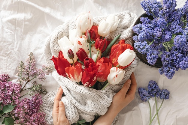 Kostenloses Foto frühlingsblumenkomposition auf weißem hintergrund, draufsicht