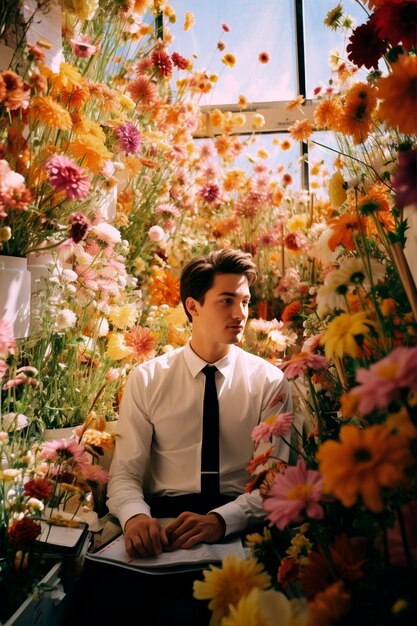 Frühlingsporträt eines Mannes mit blühenden Blumen