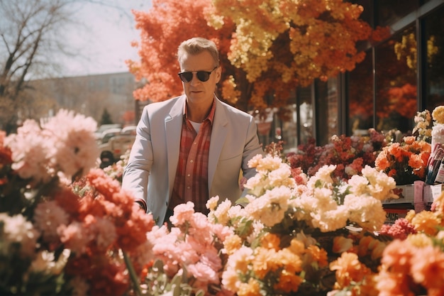 Kostenloses Foto frühlingsporträt eines mannes mit blühenden blumen