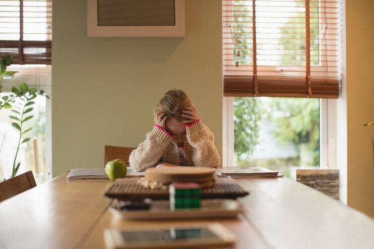 Kostenlose Foto frustriertes mädchen, das am tisch sitzt und im wohnzimmer studiert