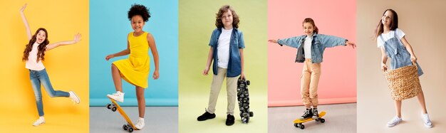 Full-Shot-Collage von Schulkindern in Uniformen