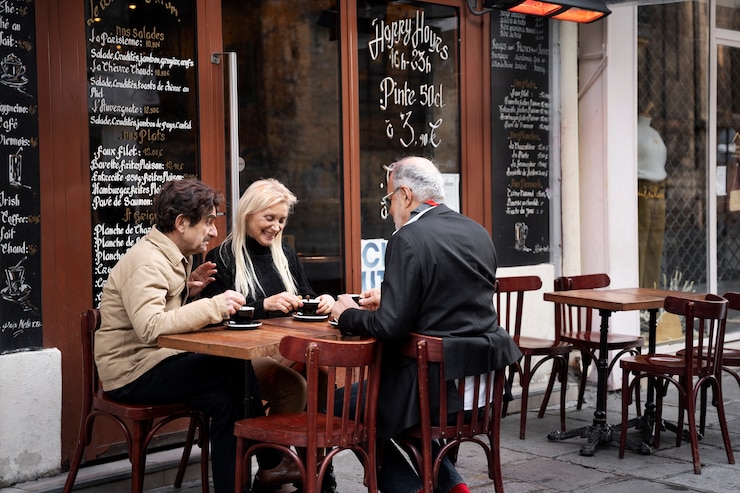 Kostenlose Foto full-shot-freunde, die im bistro zusammensitzen