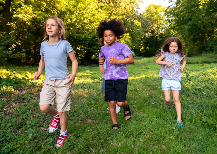 Kostenlose Foto full shot kinder laufen im freien