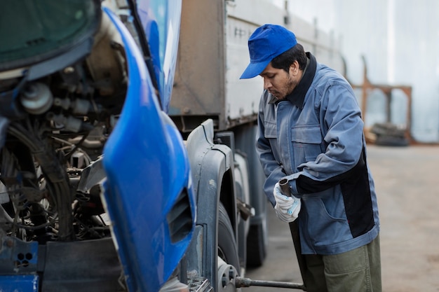 Full-Shot-Mechaniker, der den LKW überprüft