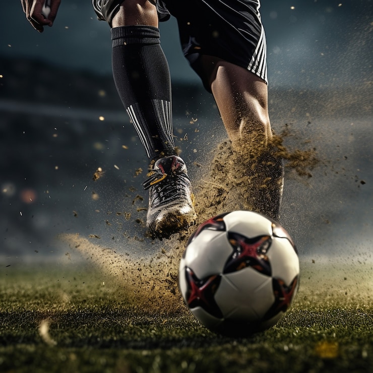 Kostenlose Foto fußballspieler mit ball auf dem rasenfeld
