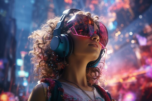 Futuristische Person hört Musik mit ultramodernen Kopfhörern