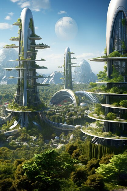 Futuristische umweltfreundliche Stadt mit Grünflächen