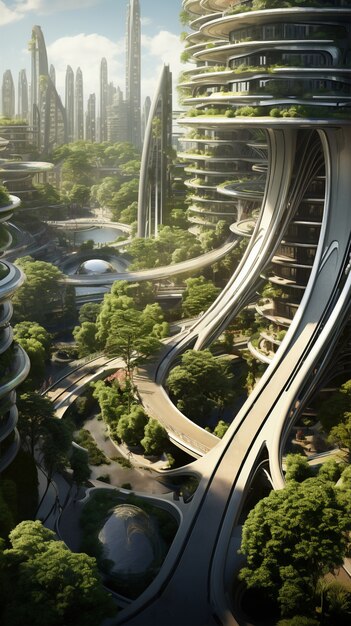 Futuristische umweltfreundliche Stadt mit Grünflächen