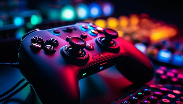 Futuristische Videospielausrüstung, beleuchtet in generativer KI des Nachtclubs