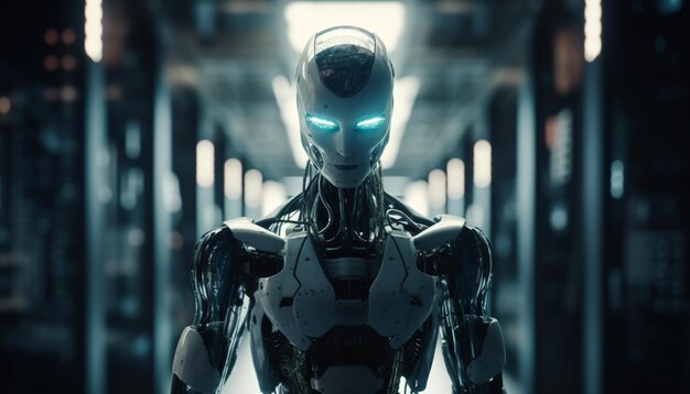 Futuristischer Cyborg mit Roboterarm steht beleuchtet in einer modernen, von KI generierten Stadt