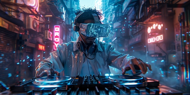 Kostenloses Foto futuristischer dj mit virtual-reality-brille, um partys zu leiten und musik zu spielen