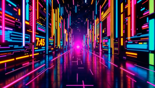 Futuristischer Neon-Stadt-Tunnel mit der glühenden Uhrzeit 7:45