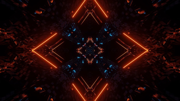 Futuristischer symmetrischer symmetrie- und reflexionshintergrund mit orange und blauen neonlichtern