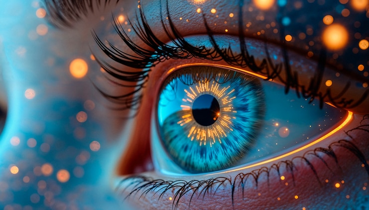 Futuristisches Auge mit leuchtenden blauen und orangefarbenen Details