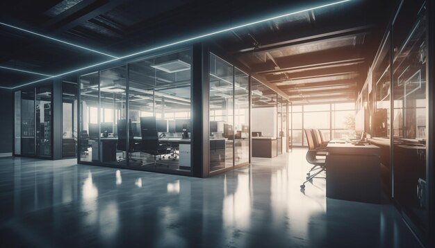 Futuristisches Bürodesign mit moderner, von KI generierter Technologieausstattung