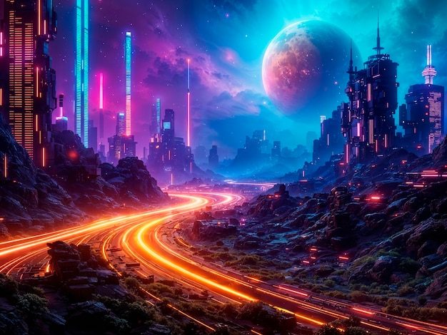 Futuristisches Cyberpunk-Stadtbild mit Neonlichtern und einem Planeten am Himmel