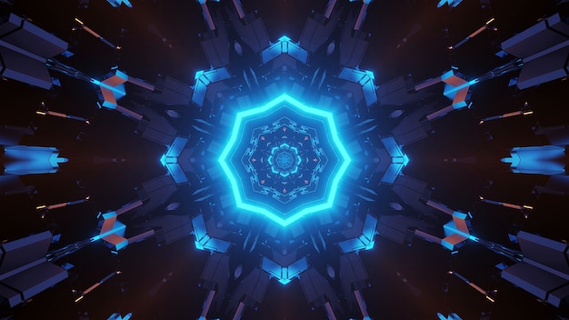 Futuristisches Science-Fiction-Achteck-Mandala-Design mit neonblauem Licht