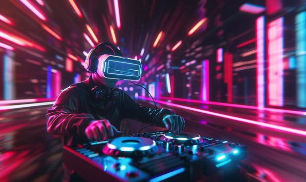 Futuristisches Set mit DJ, der für die Musik verantwortlich ist und eine virtuelle Realitätsbrille benutzt