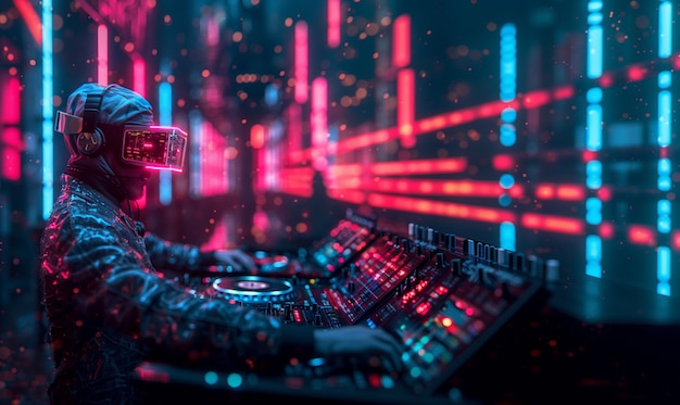 Futuristisches Set mit DJ, der für die Musik verantwortlich ist und eine virtuelle Realitätsbrille benutzt
