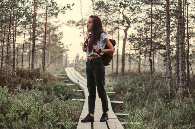 Ganzkörperporträt eines touristischen Mädchens, das auf einem hölzernen Fußweg in einem schönen Wald steht.