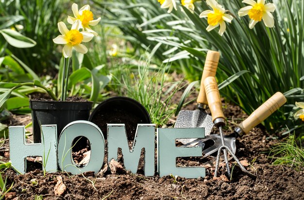 Gartenarbeit, Frühlingsblumen gelbe Narzissen mit Gartenbedarf .Erd Day. Holzbriefe mit der Aufschrift nach Hause.