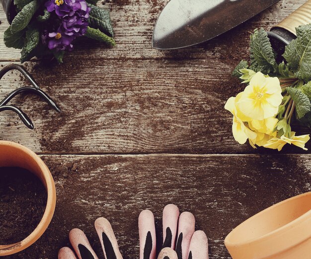 Gartengeräte und Blumentopf auf hölzernem Tischhintergrund