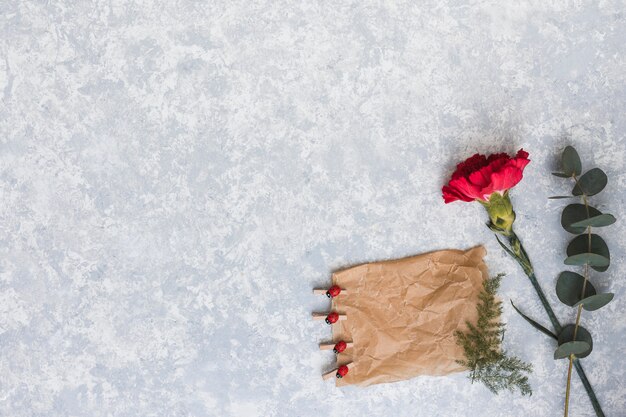 Gartennelkenblume mit leerem Papier auf Tabelle