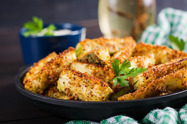 Gebackene Zucchinistangen mit Käse und Semmelbröseln