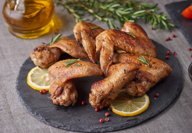 Gebratene Hühnerflügel in Barbecue-Sauce mit Pfeffersamen Rosmarin, Salz in einer schwarzen Steinplatte auf einem grauen Steintisch. Draufsicht mit Kopierraum.