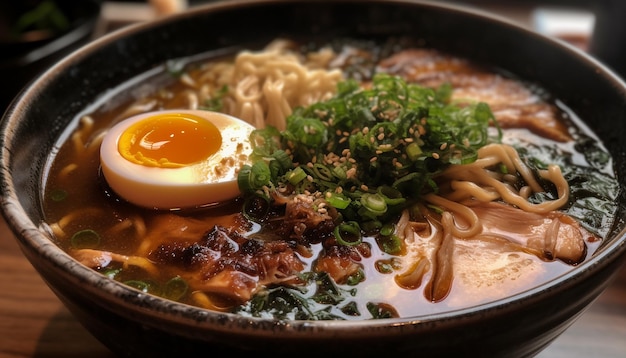 Gebratene Schweinefleischsuppe mit Shiitake-Pilzen und Tofu, erzeugt von KI