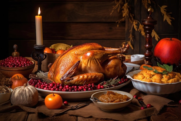 Gebratener Truthahn für Thanksgiving-Dinner auf Holztisch AI generativ