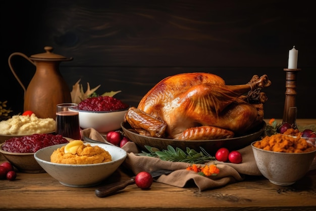 Gebratener Truthahn für Thanksgiving-Dinner auf Holztisch AI generativ