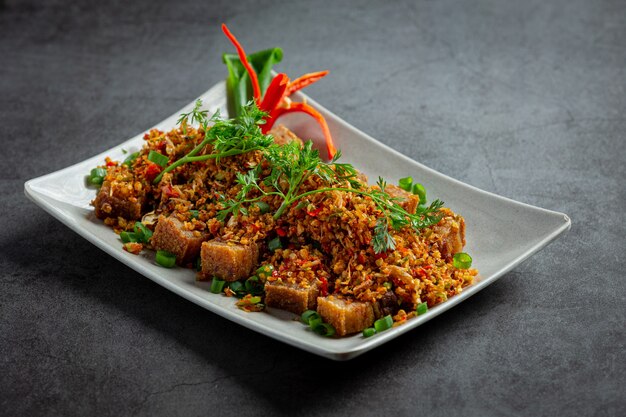 Gebratenes Schweinefleisch mit getrocknetem Chili und Salz auf dunklem Hintergrund