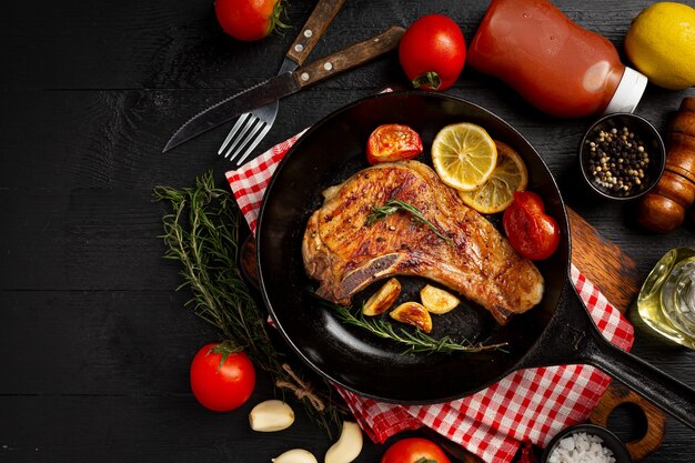 Gebratenes Schweinesteak auf der dunklen Holzoberfläche.