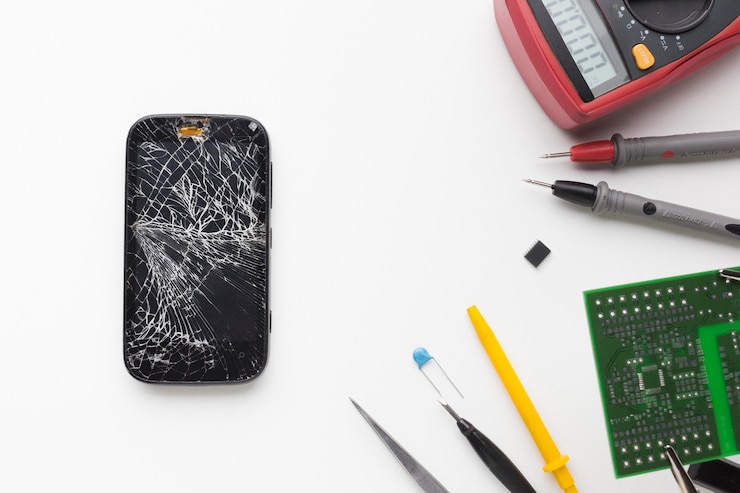 Kostenlose Foto gebrochenes telefon der draufsicht mit elektronischen werkzeugen