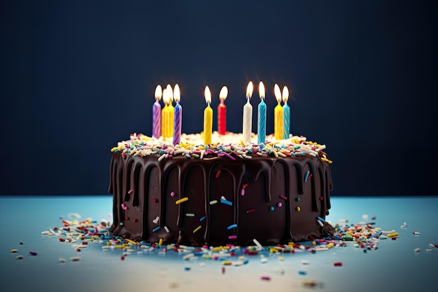 Geburtstagsschokoladenkuchen mit farbigen Kerzen auf blauem Hintergrund Ai generativ