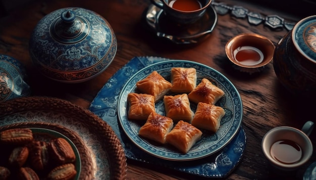 Kostenloses Foto gedämpfte chinesische knödel auf rustikalem holzteller, generiert von ki