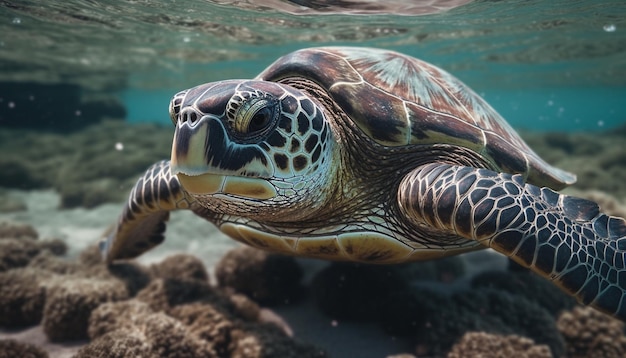 Kostenloses Foto gefährdete karettschildkröte schwimmt im korallenriff, generiert durch ki
