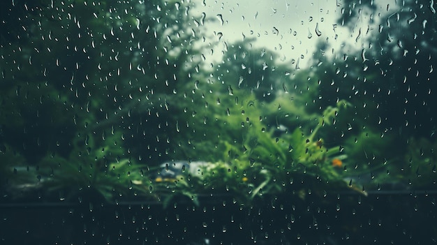 Gefangene Regentropfen auf einem regnerischen Fenster, die eine Reflexion und ein Gefühl des Friedens darstellen