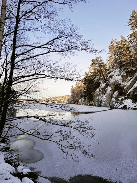 Gefrorener See, umgeben von Bäumen und Felsen, die im Schnee unter dem Sonnenlicht in Norwegen bedeckt sind