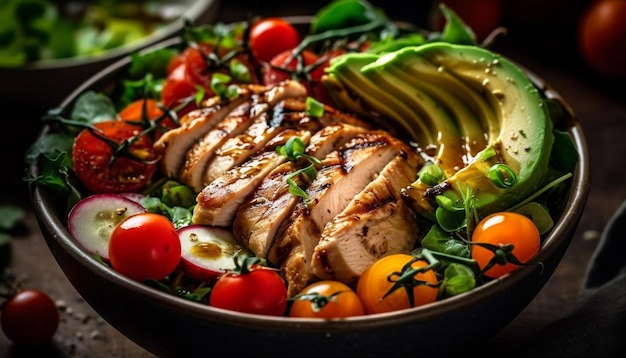 Kostenloses Foto gegrillte hähnchenbrust mit cherry-tomaten-salat, generiert von ai