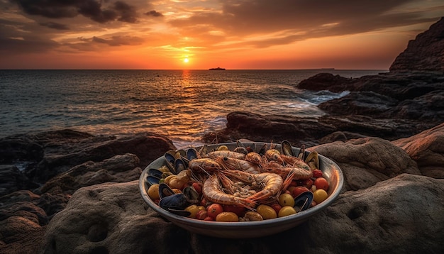 Gegrillte Meeresfrüchteplatte Sonnenuntergang Meereslandschaft Sommerhitze von KI erzeugt