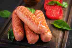 Kostenloses Foto gegrillte wurst mit tomaten und basilikum