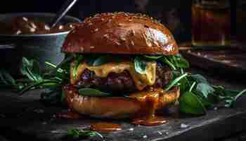 Kostenloses Foto gegrillter cheeseburger mit fleischtomaten und pommes frites, generiert von ki