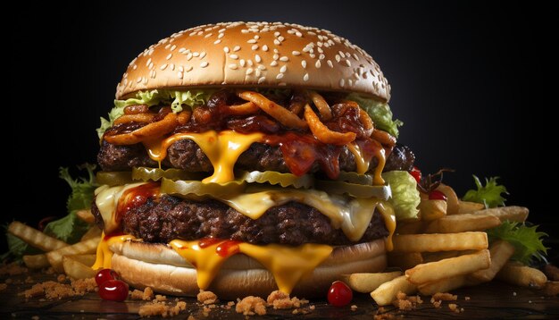 Gegrillter Gourmet-Burger mit Käse-Tomaten-Zwiebeln und Pommes Frites, generiert durch künstliche Intelligenz